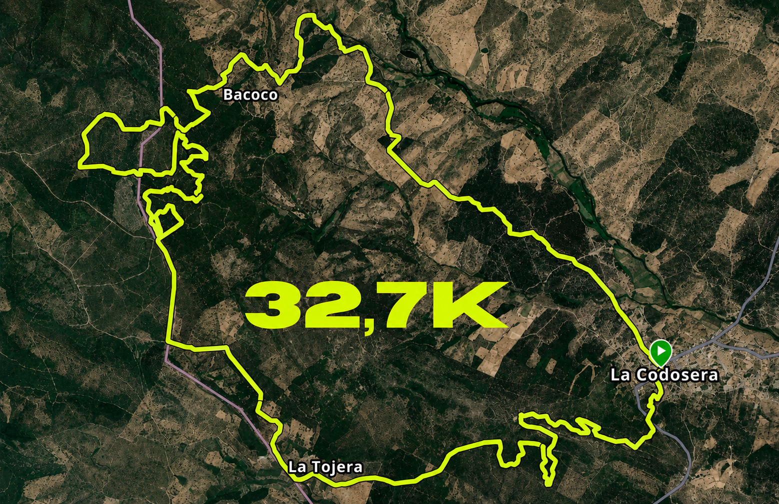Mapa del recorrido Trail 32,7K sobre imagen aérea, gran bucle por Bacoco y La Tojera desde La Codosera